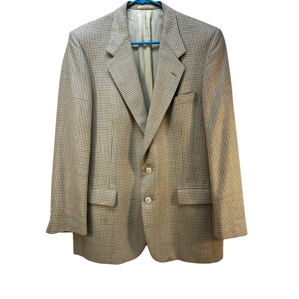 Alan Lebow for Hartz Mens Houndstooth Blazer Sport Coat Tan Blue Plaid Sz44 READ
